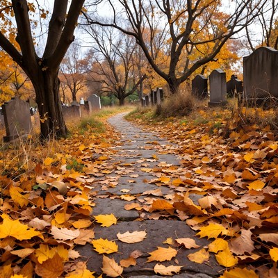 Autumn Path Through Cemetery with Fallen Leaves
