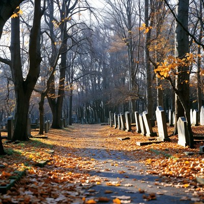 Autumn Path in Cemetery with Gravestones