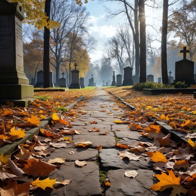 Autumn Path in Cemetery with Gravestones