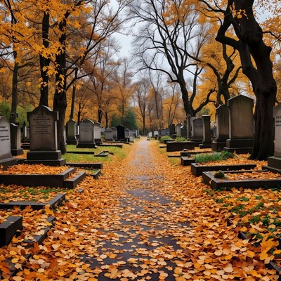 Autumn Path in Cemetery with Gravestones