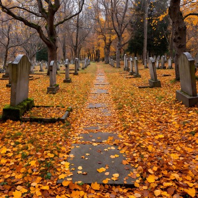 Autumn Pathway in Cemetery with Gravestones