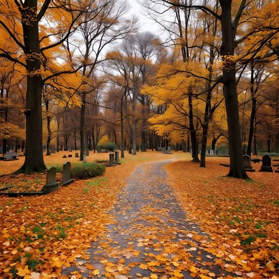 Autumn Path in Cemetery with Gravestones
