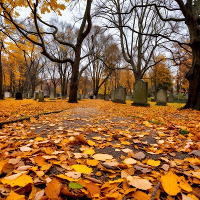 Autumn Cemetery Path with Fallen Leaves
