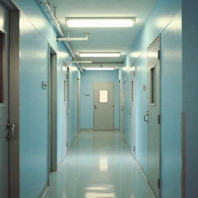 Empty Hospital Corridor with Blue Walls