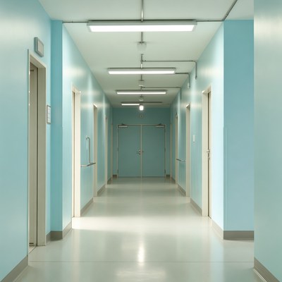 Empty Hospital Corridor with Blue Walls