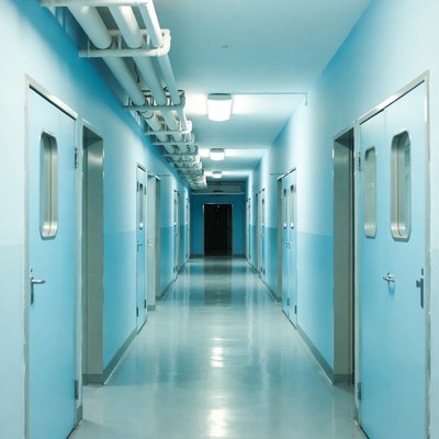 Empty Blue Hospital Corridor