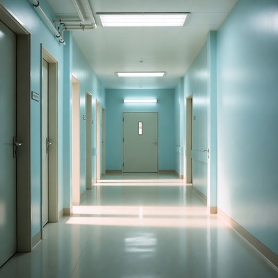 Empty Hospital Corridor with Blue Walls