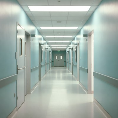 Empty Hospital Corridor with Blue Walls