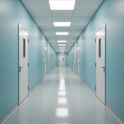 Empty Blue Hospital Corridor