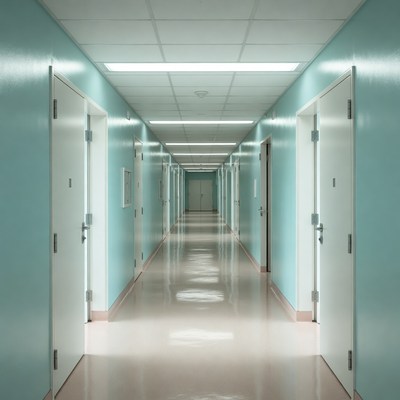 Empty Hospital Corridor with Open Doors