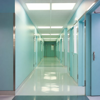 Empty Hospital Corridor with Blue Walls