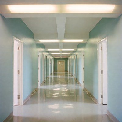 Empty Hospital Corridor with Doors