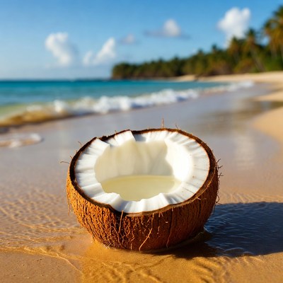 Half coconut on tropical beach