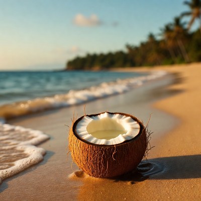 Open Coconut on Tropical Beach