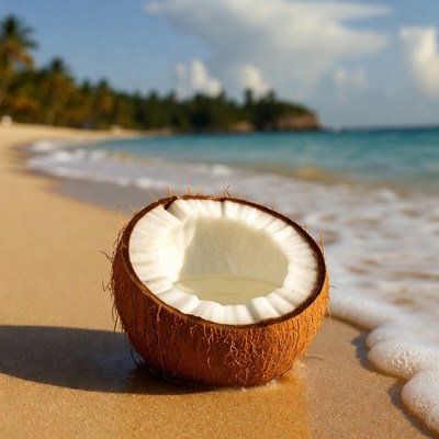 Open Coconut on Tropical Beach