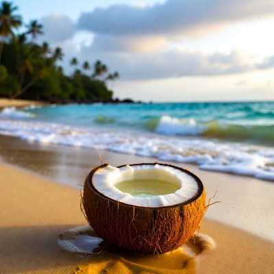 Split coconut on tropical beach