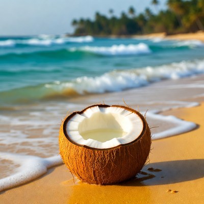 Open Coconut on Tropical Beach