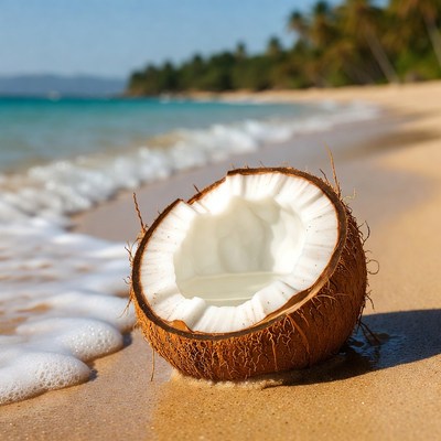 Open Coconut on Tropical Beach
