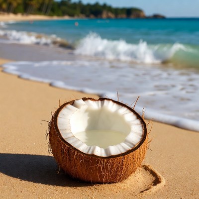 Open Coconut on Tropical Beach