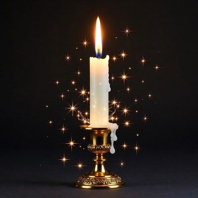 Lit Candle in Gold Holder