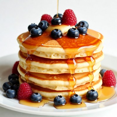 Pancakes with blueberries and maple syrup