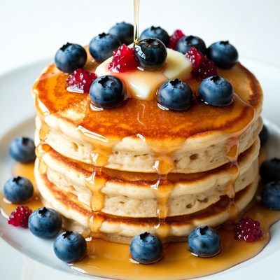 Pancake Stack with Blueberries and Maple Syrup