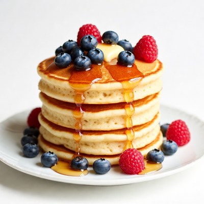 Stack of Pancakes with Berries and Syrup