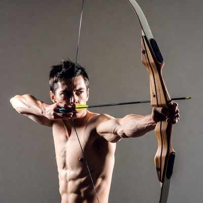 Muscular man aiming bow and arrow