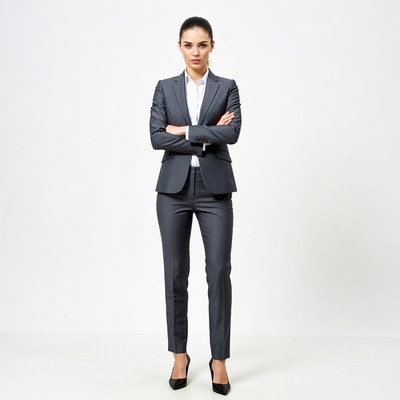 Woman in gray suit with arms crossed