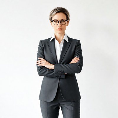 Confident woman in gray suit with arms crossed