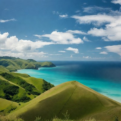 Green Hills and Turquoise Ocean Bay