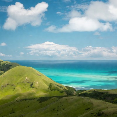 Green Hills Overlooking Turquoise Ocean