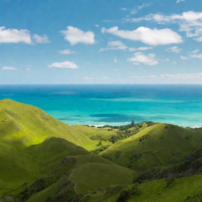 Green Hills Overlooking Turquoise Ocean