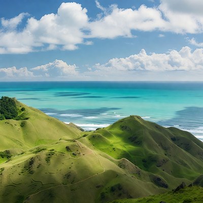 Green Hills Overlooking Turquoise Ocean