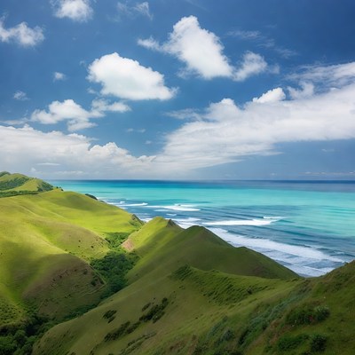 Green Hills Overlooking Turquoise Ocean