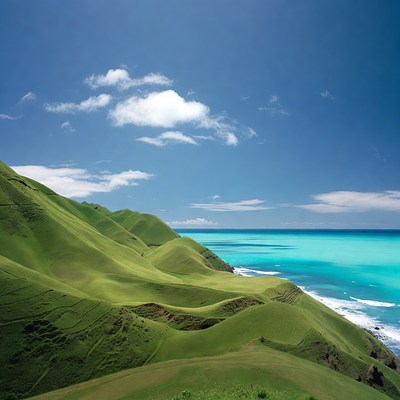 Green Hills Meeting Turquoise Ocean