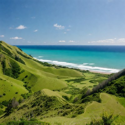 Green Hills Overlooking Turquoise Ocean Beach