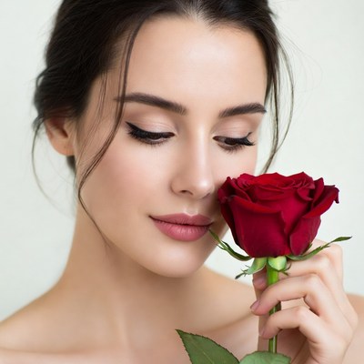 Woman smelling red rose
