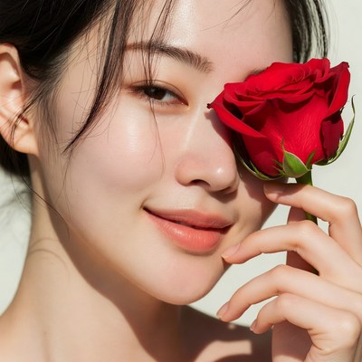 Asian woman holding red rose over eye