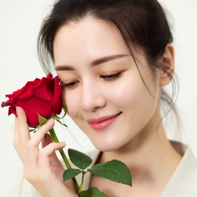 Asian woman holding red rose