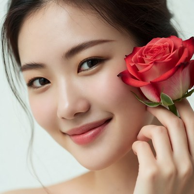 Asian woman holding red rose