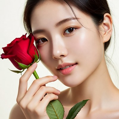 Asian woman holding red rose