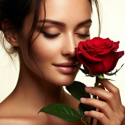 Woman smelling red rose