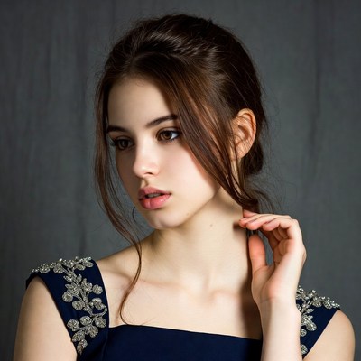 Young woman in beaded navy dress