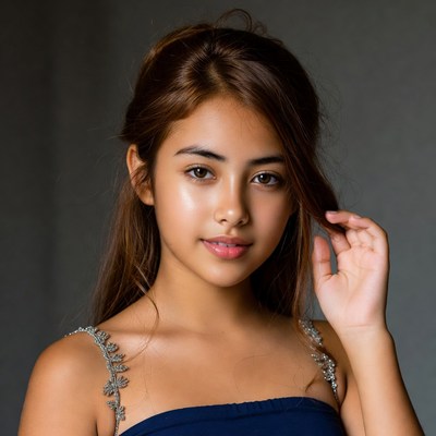 Young Asian girl touching hair