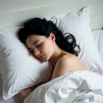 Woman sleeping nude in white bed