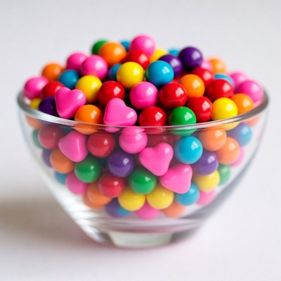 Colorful Candy Hearts in Glass Bowl