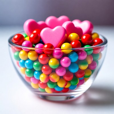 Colorful Candy Hearts in Glass Bowl