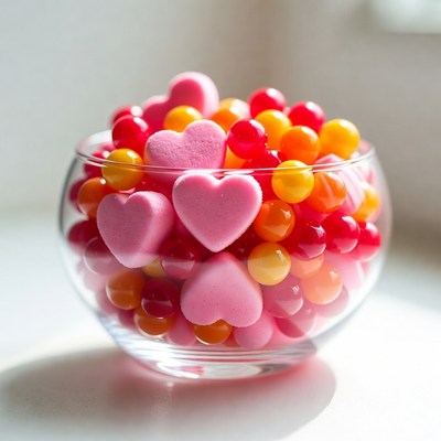 Colorful Candy Hearts in Glass Bowl