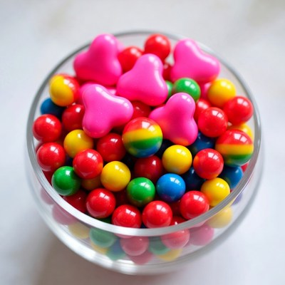 Colorful heart-shaped candies in glass bowl